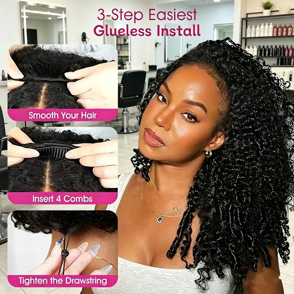 

Drawstring Burmese Curly Half Human Hair Wig 3 IN 1 Glueless Headband Wig Seamless Flip Over Design Comfortable Daily Party Hair Wig