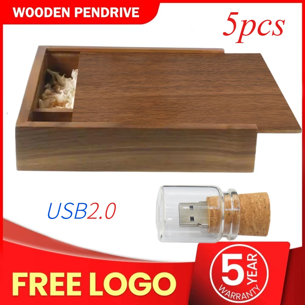 

5PCS LOT USB2.0 Flash Drive 128GB Wooden Box Pen Drive 64GB Free Custom Logo USB Stick 32GB Wedding Gift U Disk 16GB 8GB 4GB