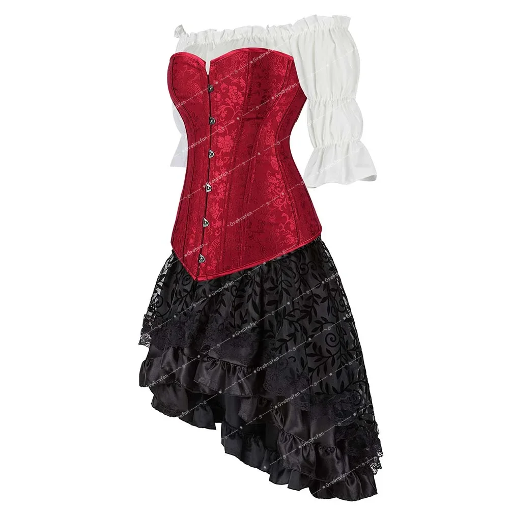 Women's Burlesque Corset Skirt Set Lace Up Boned Bustier Skirts Gothic Halloween Costume Adjustable Waist Vintage Party Outfits