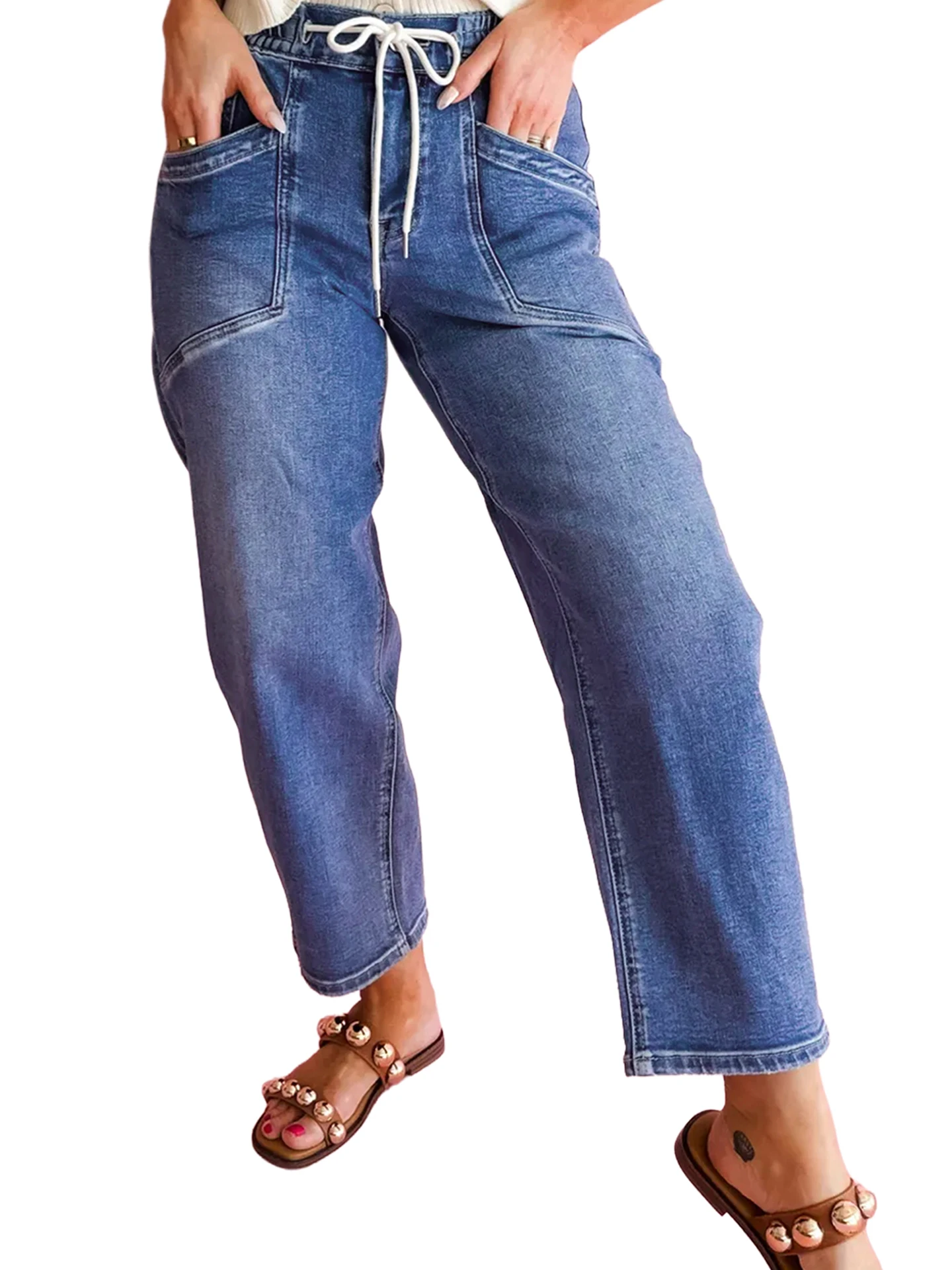 DearLover Women's Straight Leg Jeans Loose Fit Elastic Waist Washed Denim Casual Trousers Summer High Waist Cotton Blend