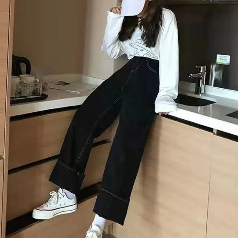 

Джинсы женские черные корейские модные универсальные с высокой талией простые свободные уличные брюки студенческие шикарные весенние брюки в стиле Харадзюку Mujer