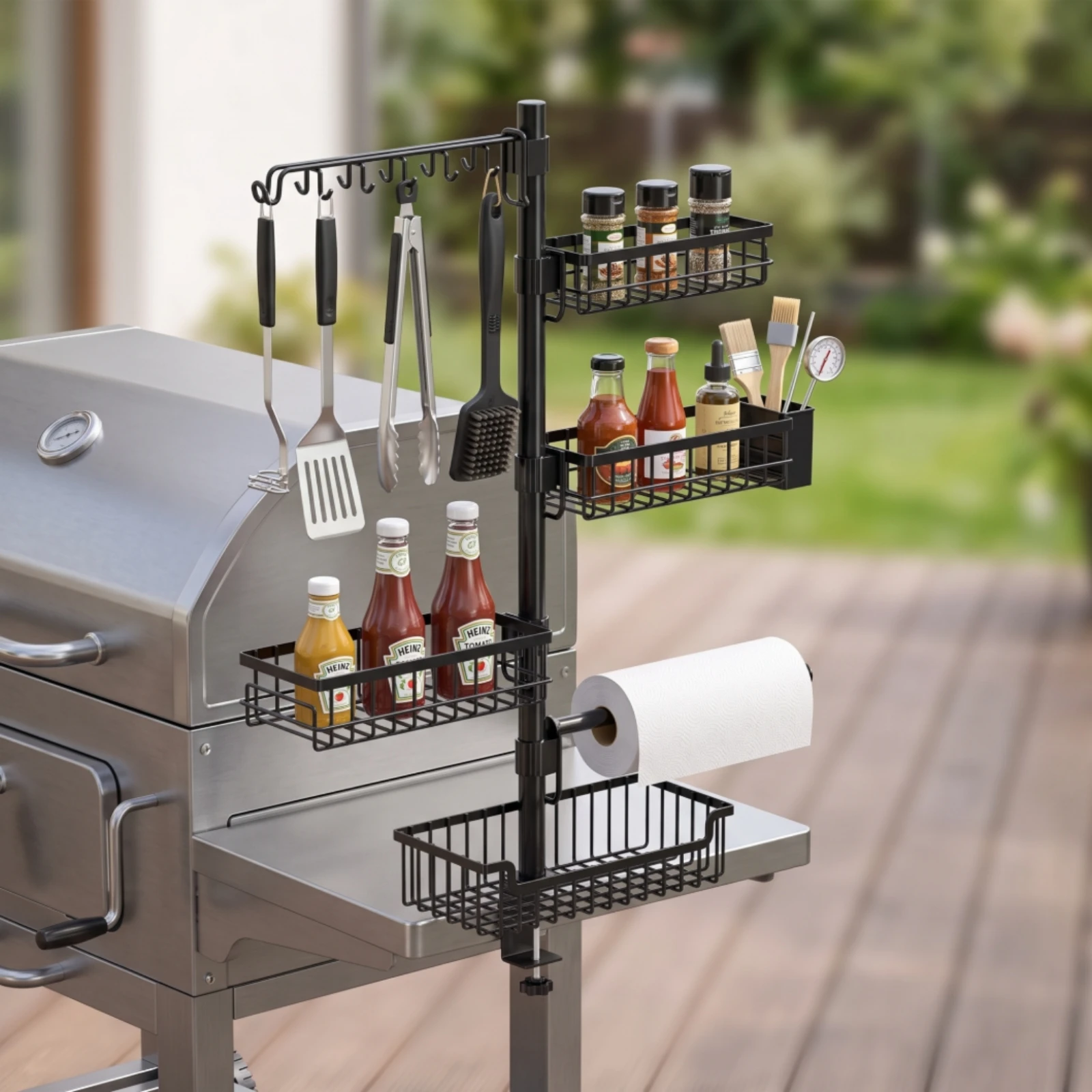 Barbecue Side-Mounted Storage Rack Matte Black Grill Organizer Grill Rack with Hooks Open-Wire Metal for Patio, Camping
