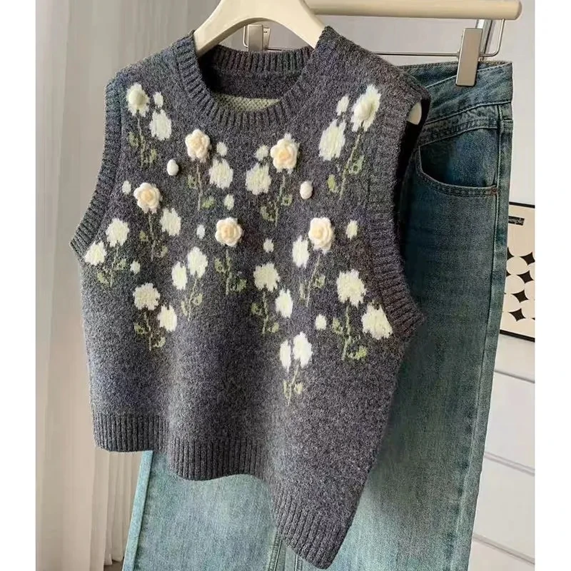 

Новый женский трехмерный вязаный жилет с милым цветком, жилет на осень-зиму, простые свободные универсальные повседневные топы, многослойный жилет, топы