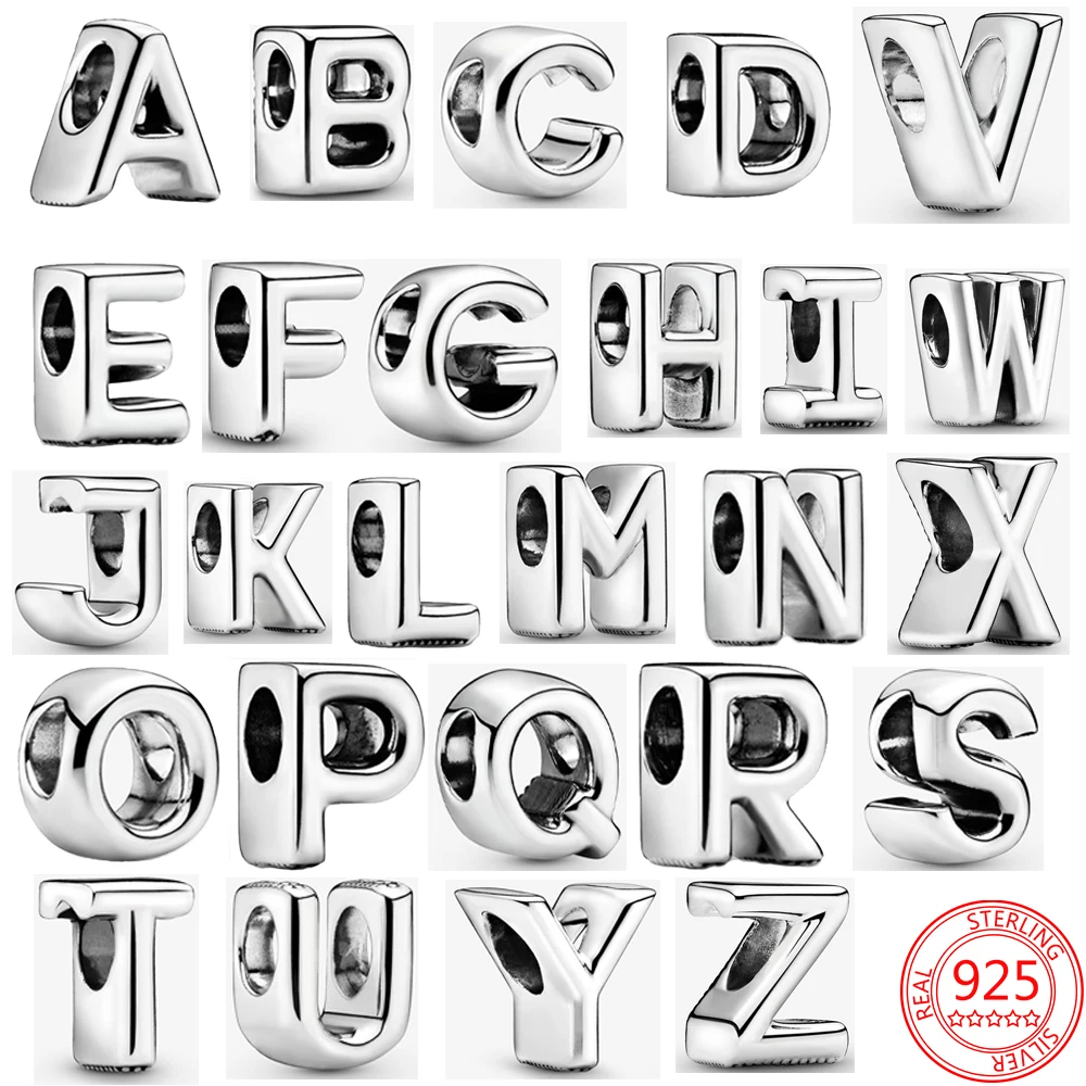 925 Sterling Silver 26 English Letter Bead Charm Fit DIY Brand Bracelet Neutral Style Jewelry