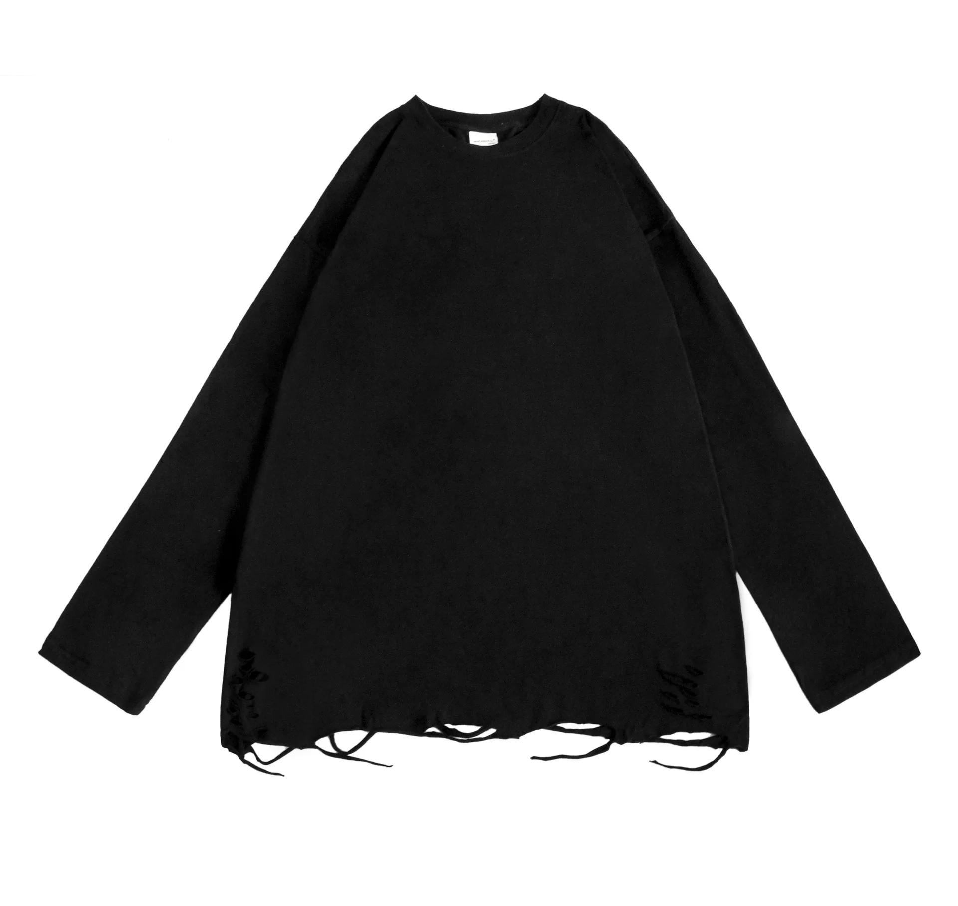 2026 High Street Men's T-Shirt Trendy Brand Hem Ripped Long-Sleeved Men T Shirt Hip-Hop Loose Inner Man Bottoming Shirt Top Tees