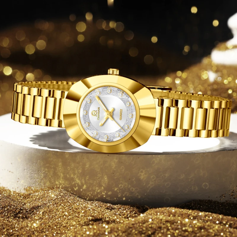 2025 Orologio da coppia con cinturino in acciaio inossidabile dorato, marchio di lusso con diamanti, abito casual e orologi da banchetto