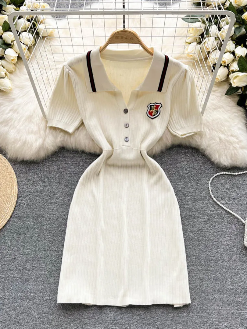 

French Retro Knitted Dress Preppy Style Striped Turn-down Collar Short Sleeve Single Breasted Slim A-line Mini Dress Summer 2023