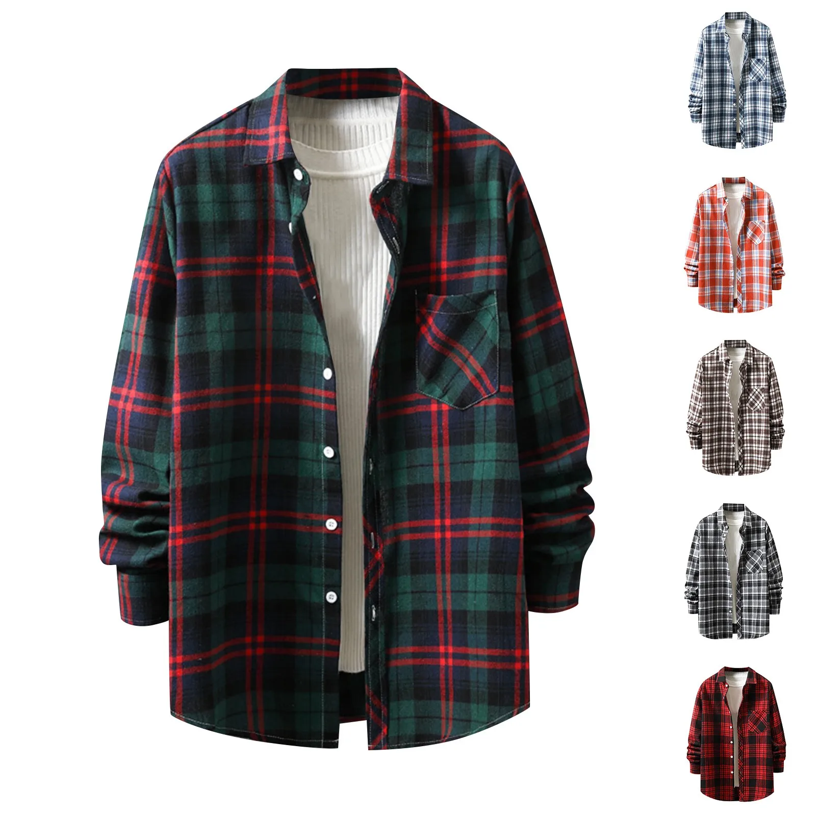 Camicie a quadri spazzolate da uomo autunno inverno risvolto manica lunga camicia stampata scozzese Casual maschile spessa calda top abbigliamento uomo