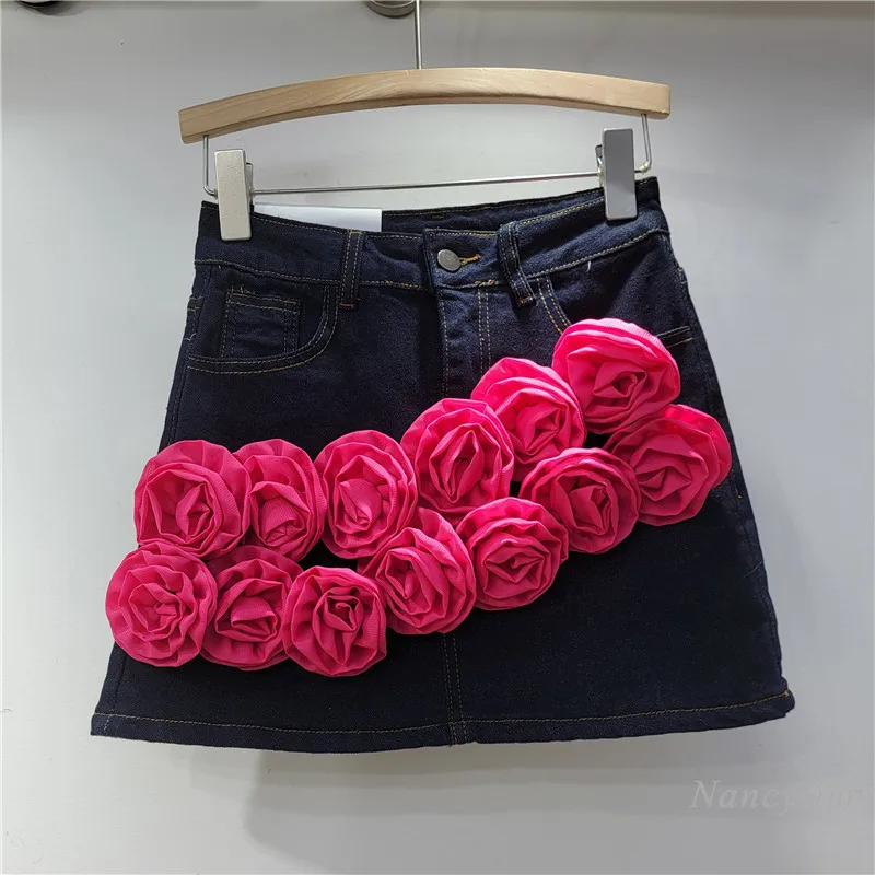 Flower Denim Short Skirt High Waist Three-dimensional Temperament Personalized Anti-light A-shaped Skirt 2024 Autumn Winter