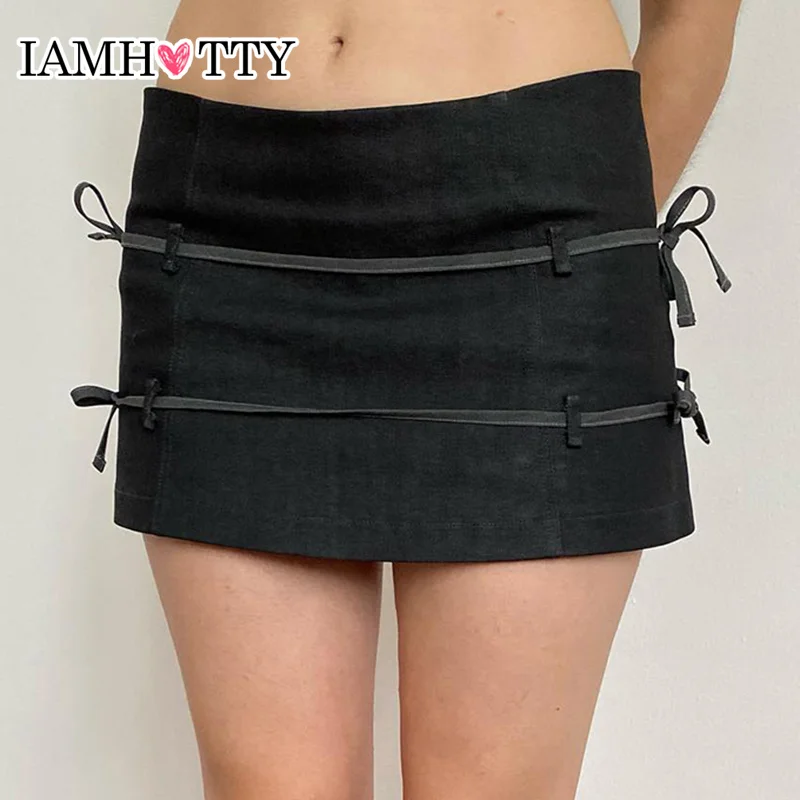 

IAMHOTTY Preppy Style Multi Bows Bodycon Mini Skirt Grey Low-waisted Straight Short Skirts Korean Fashion Cute Sweet Bottoms Y2K