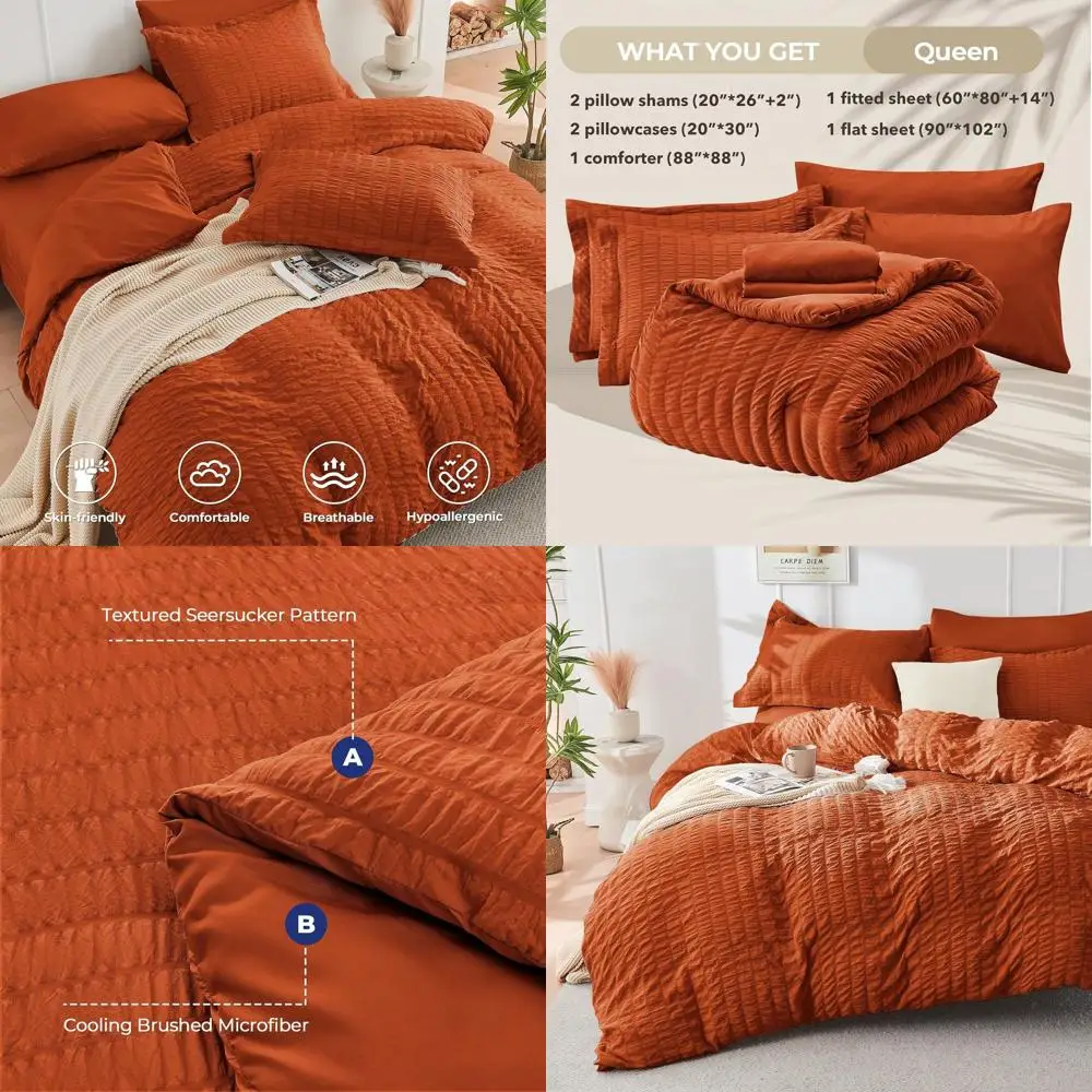 

All Season 7-Piece Seersucker Burnt Orange Bedding Set with Comforter, Sheets, Pillowcases & Shams
