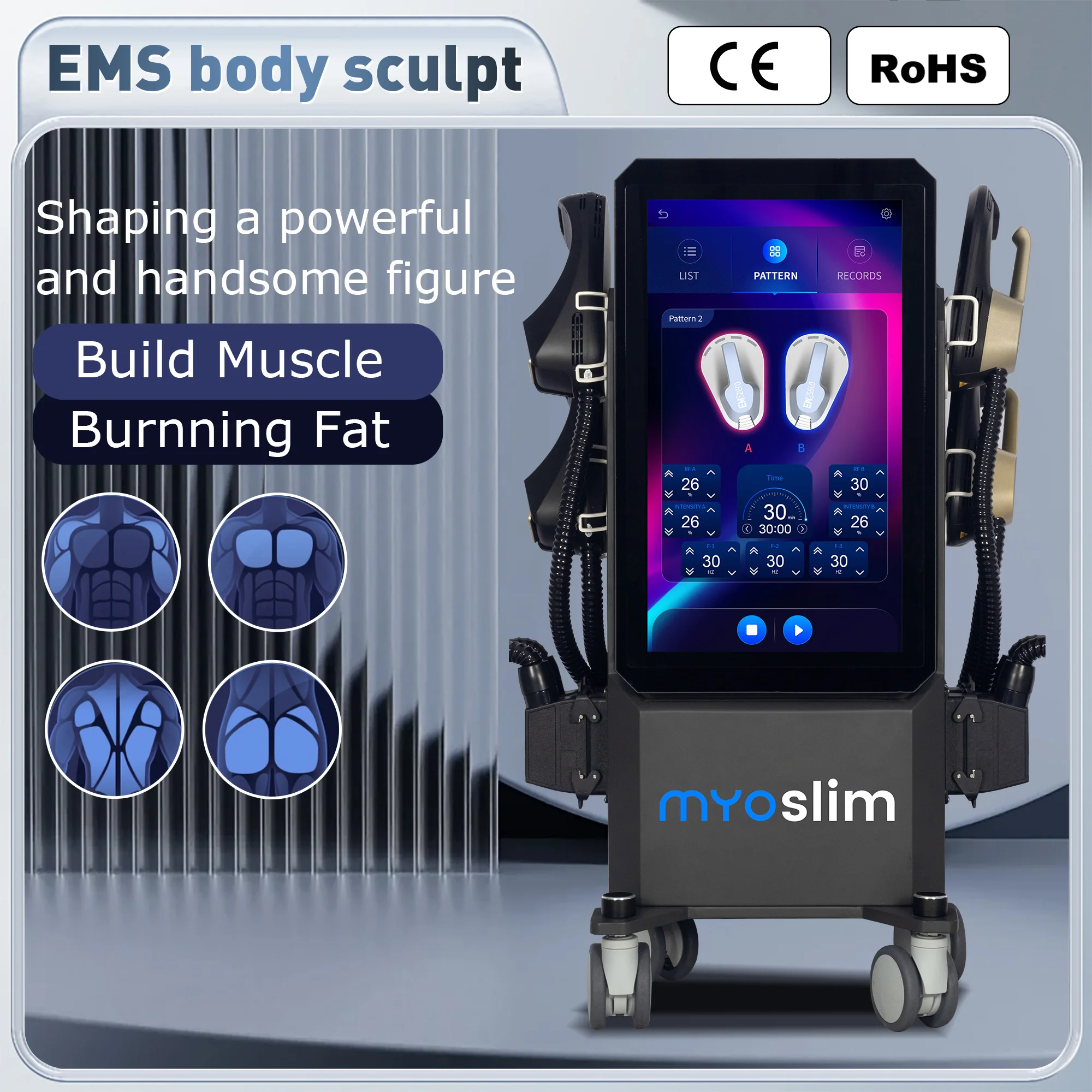 

Профессиональный аппарат для бодибилдинга EMO New 6500W с EMS и RF-технологиями для сжигания жира, коррекции фигуры и стимуляции мышц.