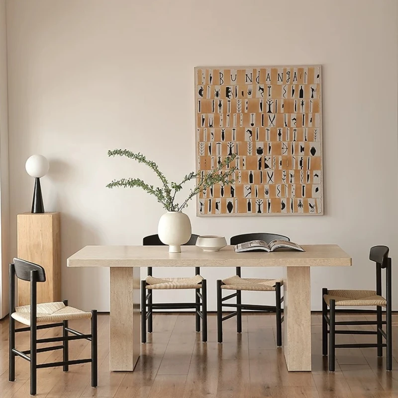 Travertine rock slab dining table and chairs rectangular premium French retro silent wind dining table household