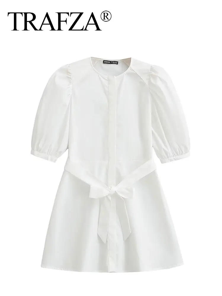 TRAFZA 2024 Summer Dress Women Fashion Puff Sleeve O Neck Single Breasted Short Dresses Female Chic Bow Belt Beach Women\'s Dress