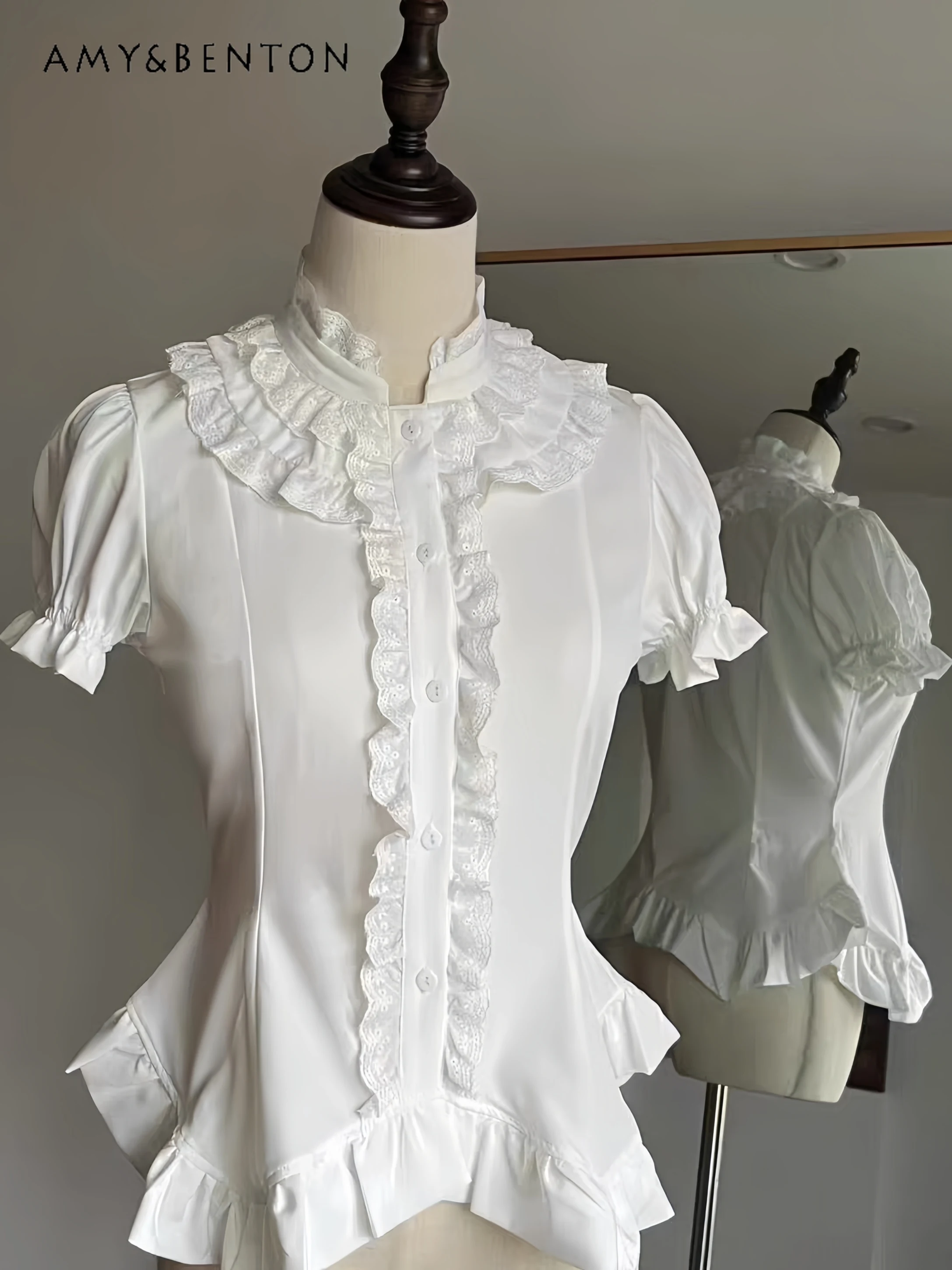 

Summer Classic Style Slim Gothic Lolita Inner Shirt Elegant Sweet Lace Patchwork Round Neck Short Sleeve Blouse Women All Match