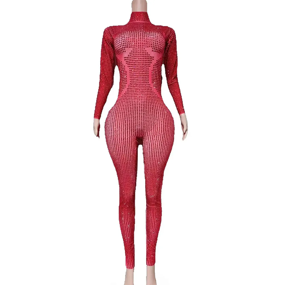 Combinaison luxueuse à strass rouges pour femmes, Sexy, extensible, Costume de danse, discothèque, chanteur, vêtements de scène, combinaison de séance photo