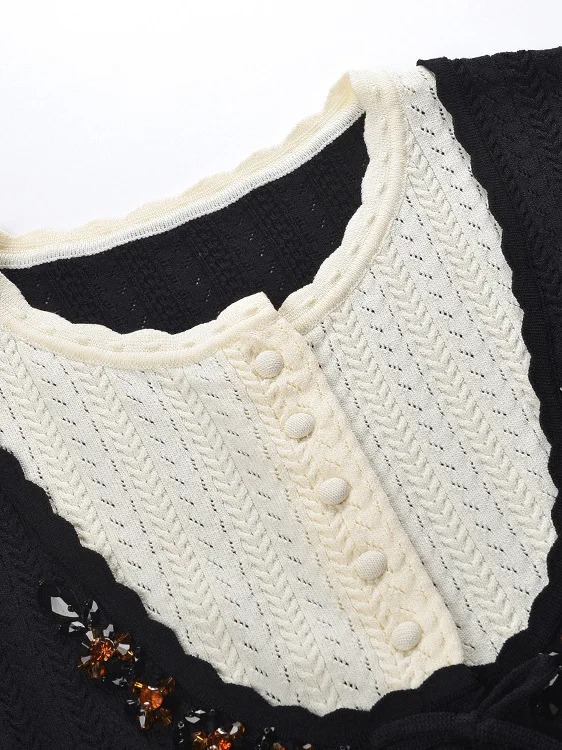 معطف Sweet Slimming Beaded Flower Hem Knitwear Jaet Color Blo Commute Sle طويل Sve مستدير للنساء