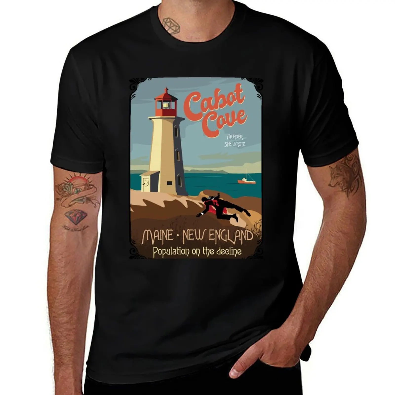 

Cabot Cove Light house, Population on the decline Fancy boarder T-Shirt funny shirt cotton summer top oversized mens clothing