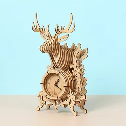 Wooden Puzzles For Adults 3D Christmas Reindeer Desk Clocks Model Craft Kit Wood Desk Decoration Birthday Gift Toy For Kids Teen