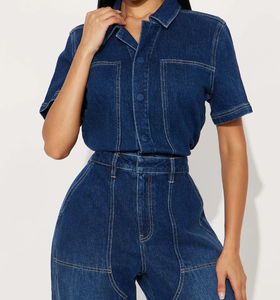 여성 의류 와이드 레그 타이트 웨이스트 슬림 핏 엘라스틱 워시 데님 점프수트 개성 있는 스트리트 여성 패션 플레어 점프수트