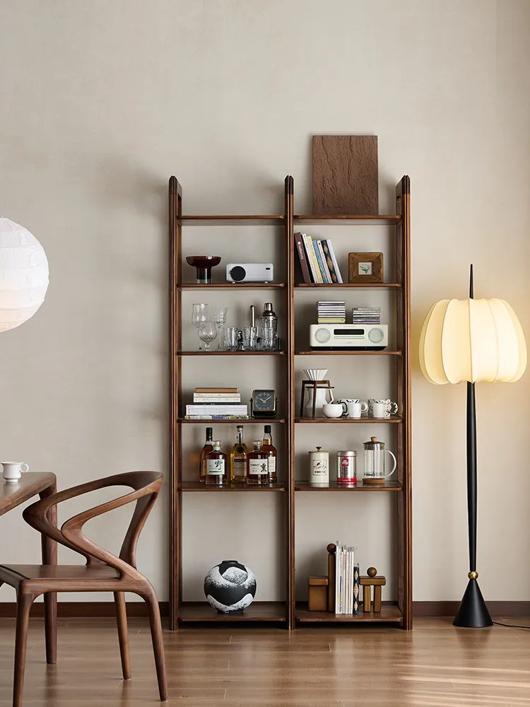 

PYJ Black Walnut Bookshelf Integrated Wall Storage Small Narrow Cabinet Solid Wood Floor-to-Ceiling Storage Shelf