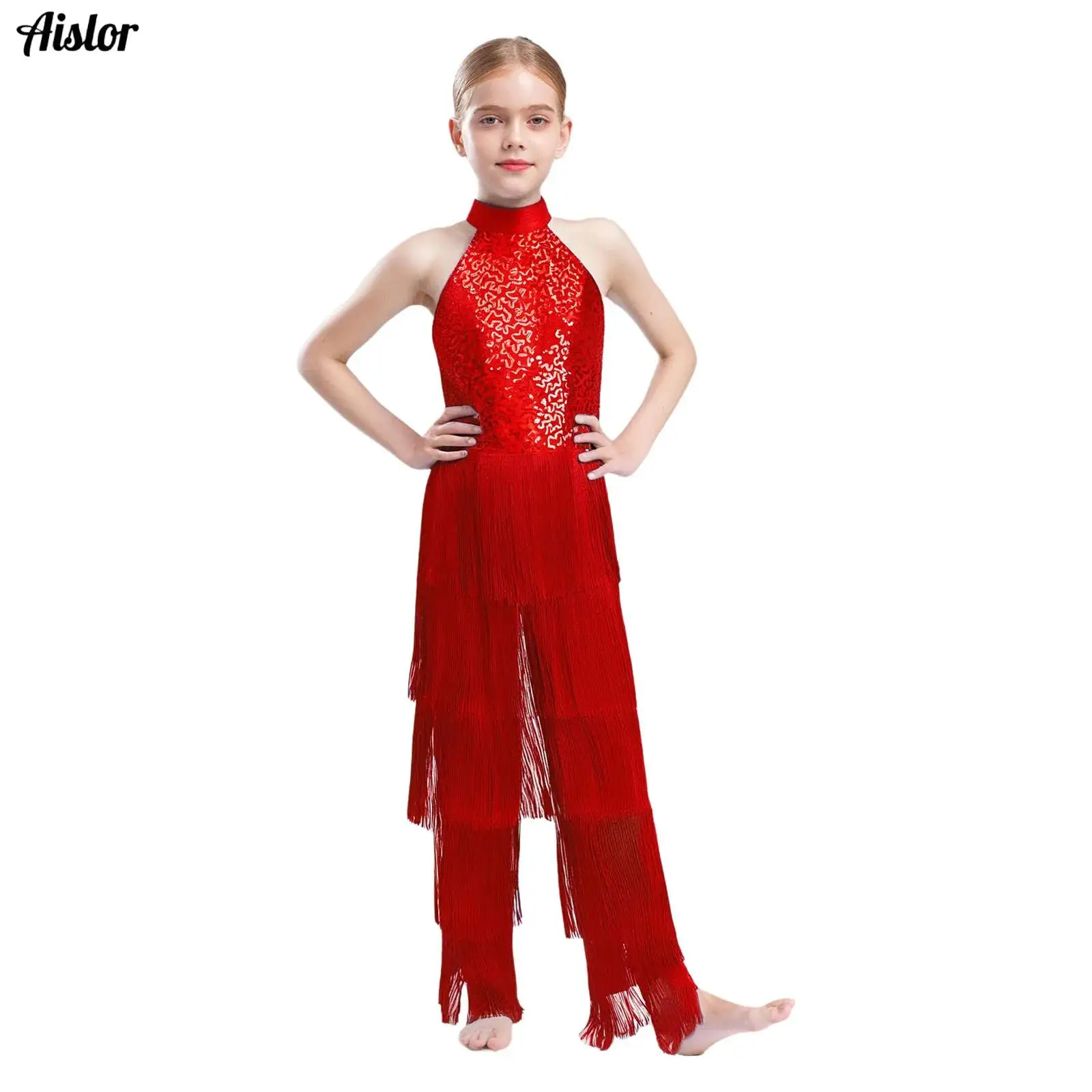 

Kids Girls Latin Dance Jumpsuit Halter Sleeveless Backless Tiered Tassel Sequins Bodysuit for Cha-cha Samba Dancing Performance