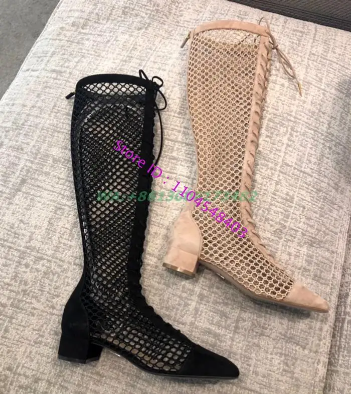 

Sexy Lady Suede Leather Lace Up Block Heel Mesh Boots Summer Boots Women Design Women Chunky Heel Mesh Style Summer Boots