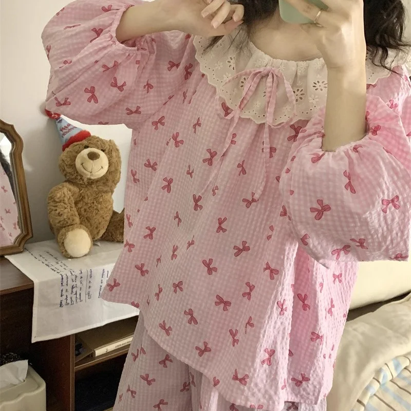 Pijamas franceses Retro de Instagram para mujer, conjunto de manga larga para primavera y otoño, ropa cómoda, dulce y bonita de encaje para el hogar, nuevo estilo