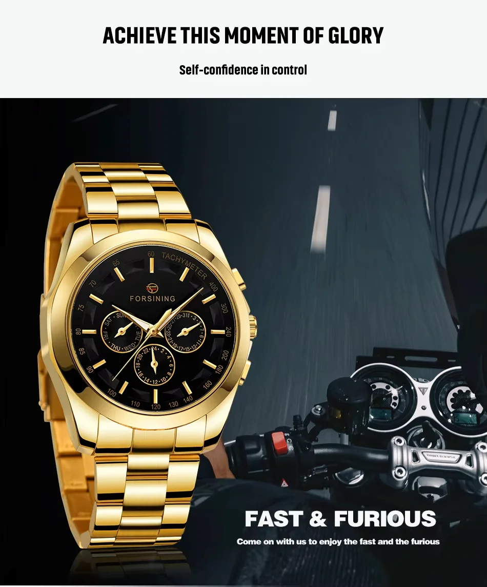 FORSINING three-eye pointer men's business steel band mechanical watch
