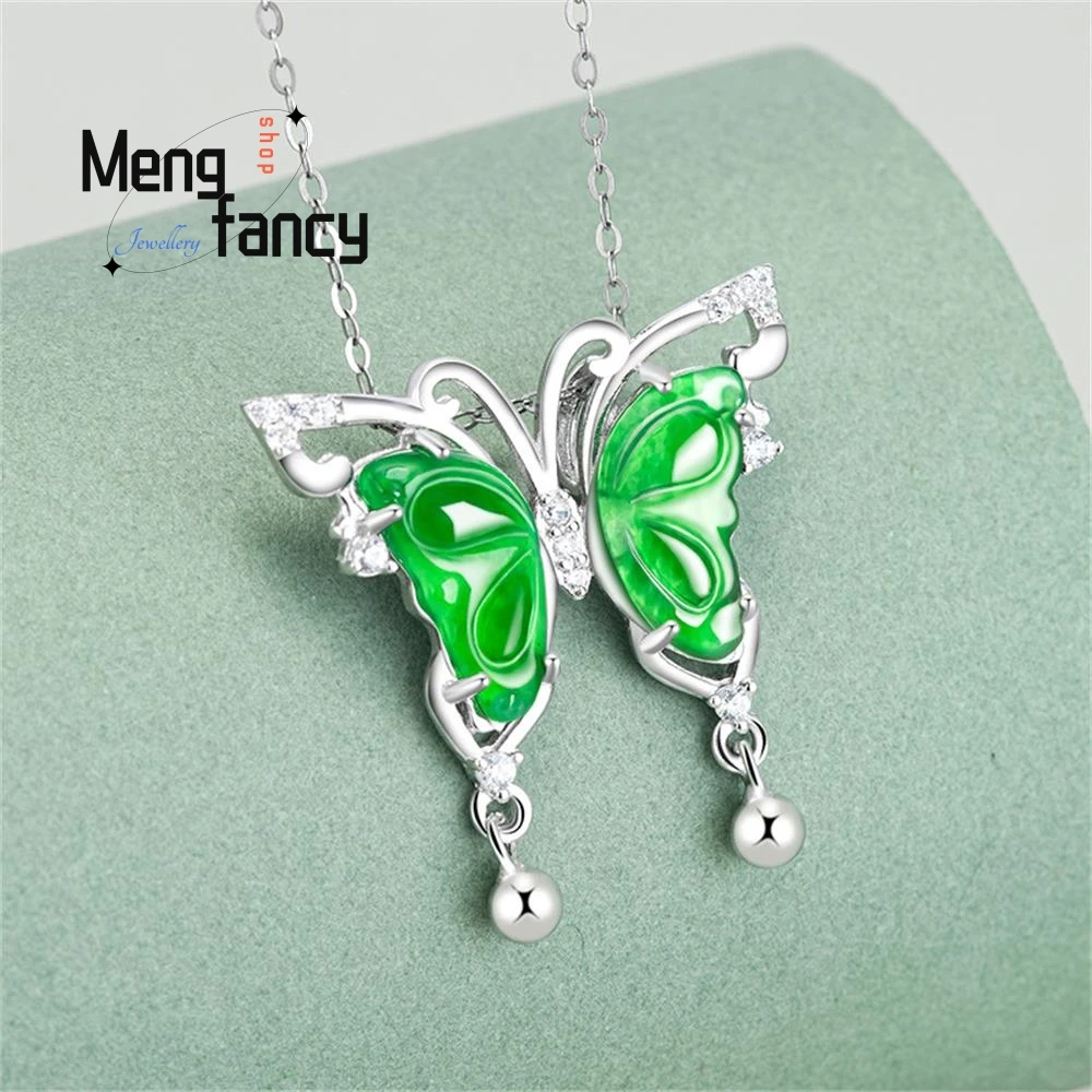 Genuine Natural A-goods Jadeite Yang Green Butterfly Ring Pendant Icy Jade S925 Silver Inlaid Sexy Young Girls Fashion Jewelry