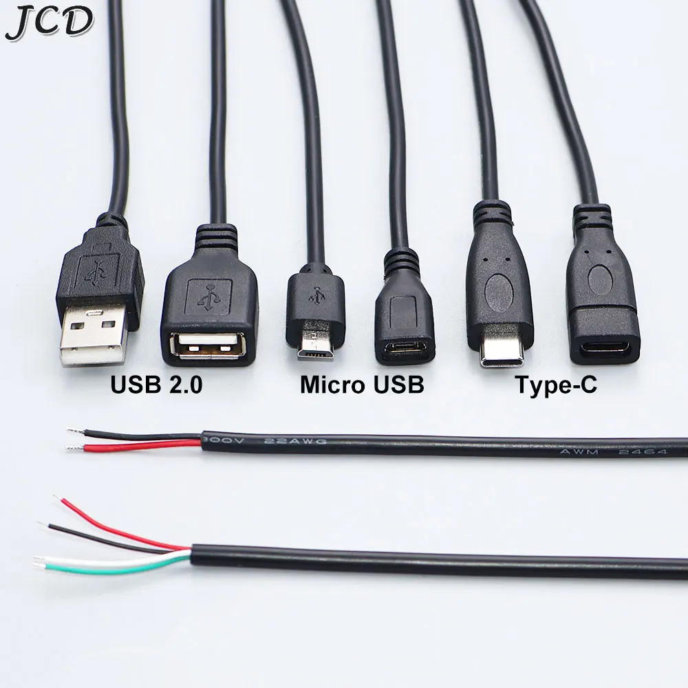 JCD 2Pin 4Pin Micro USB / Type C USB 2.0 Charger Connector Male Female Power Supply Extension Cable Wire DIY Data Line 25-30cm