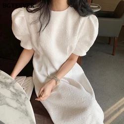 BGTEEVER Fashion Straight Long Dress Women Elegant O-neck Puff Sleeve Women Dress Summer Ladies Vestidos