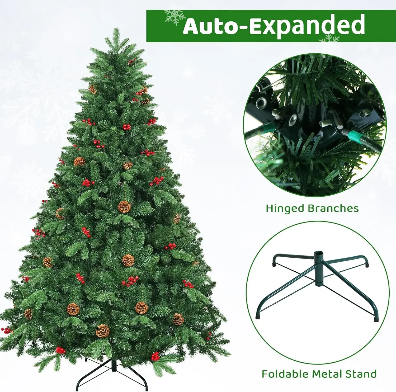 8/9ft Prelit Christmas Trees, Pre-Decorated Hinged Spruce PE&PVC Xmas Tree W/ 1450/1800 Branch Tips, 450/600 Warm LED Lights