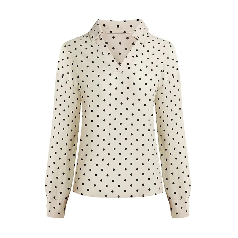 

Осенняя женская блузка с длинным рукавом в горошек и v-образным вырезом с лацканами, рубашка для офиса, леди, корейский стиль, женский топ, повседневная женская одежда