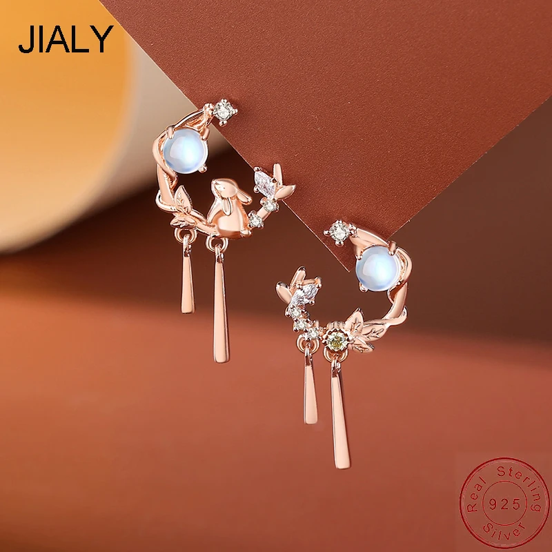 JIALY European S925 Sterling Silver Stud Earrings AAA CZ Rabbit Moon For Women Birthday Party Gift Jewelry