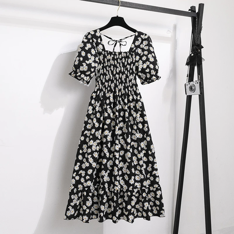 A Line Chiffon Short Sleeve Pleated Casual Outfit for Women - Black Small Daisy