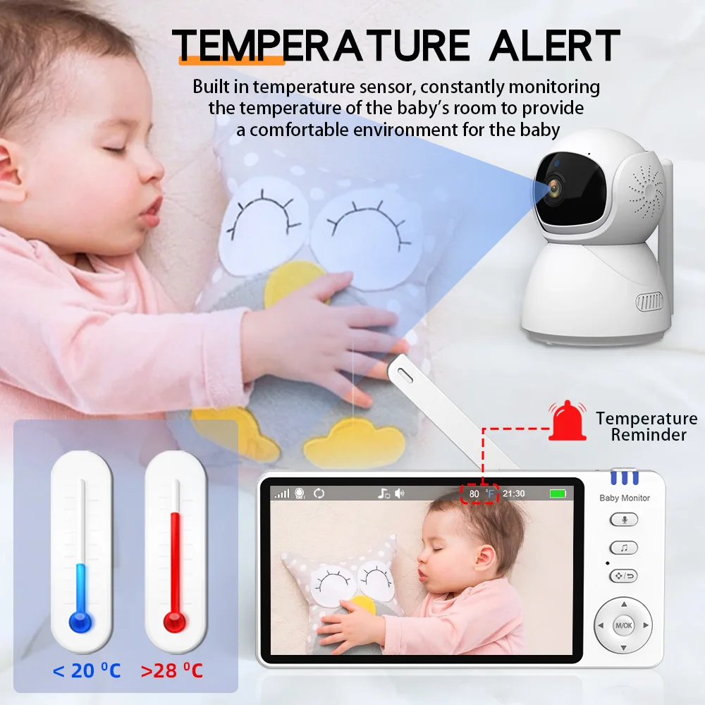 ABM570 Baby Monitor 5.0 Inch Screen Crying Reminder 3500mAh Battery Nanny PTZ Cam 2-way Audio VOX Lullaby Newborn Nanny Camera