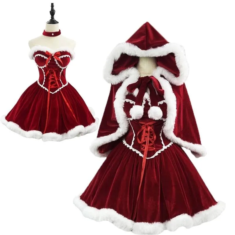 

New Year Red Dress Cloak Cosplay Plus Size Christmas Clothes Cape Women Role Play Outfit Full Set Warm Holiday Costume Girls