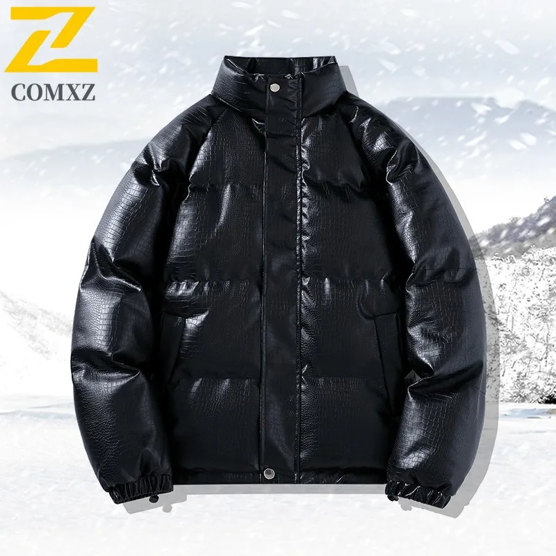 COMXZ 2025 Mens Womens Korean Thickened Fleece Winter Jacket PU Warm Tactics Waterproof and Windproof Outdoor Cold-proof Coat