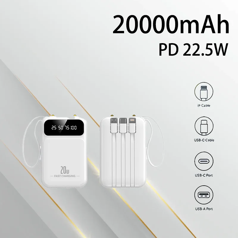 

Large Capacity 10000mAh 20000mAh Mini Power Bank 22.5W Built in Cable Portable Emergency Charger Easy To Carry For Outdoor
