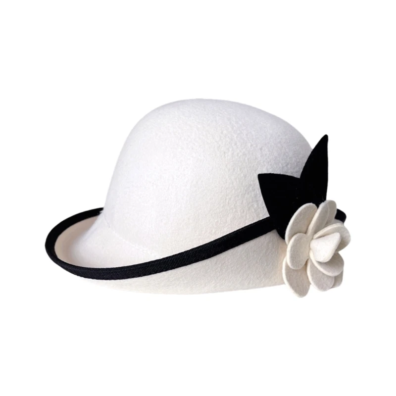 F42F Elegant Fedoras Hat for Cosplay Parties Roll Brim Camellia Flower Hat Adult Carnivals Party Hat Flapper Head Accessories