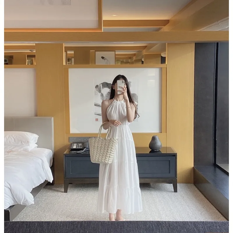 Korean Fashion French Off Shoulder Dress Pleated Lace-up Slim Fit Knee Length Dress Design Elegant Sleeveless Womens Dresses