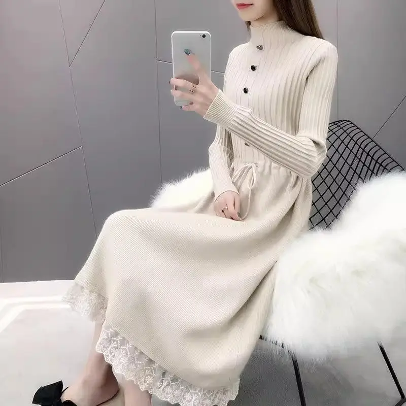 Mid Length Knitted Dress For Women Autumn And Winter 2023 New Slim Bottom Fashion Lace Spliced Sweater Dress Eleagnt Robe Z3501