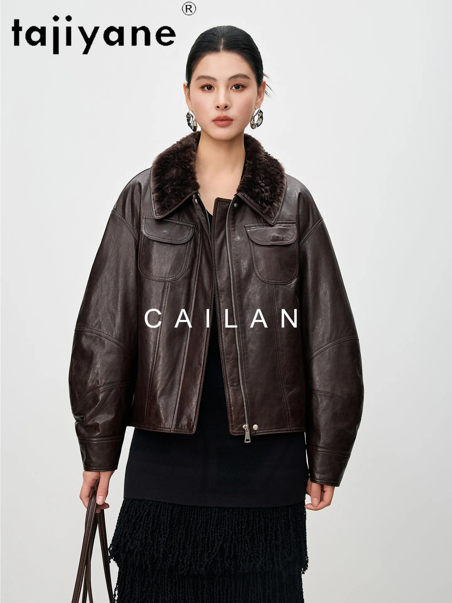 TAJIYANE Giacche Imbottite in Pelle di Pecora 90% Piumino d'Oca Cappotti Corti in Vera Pelle da Donna con Collo in Lana Abbigliamento Invernale 2025