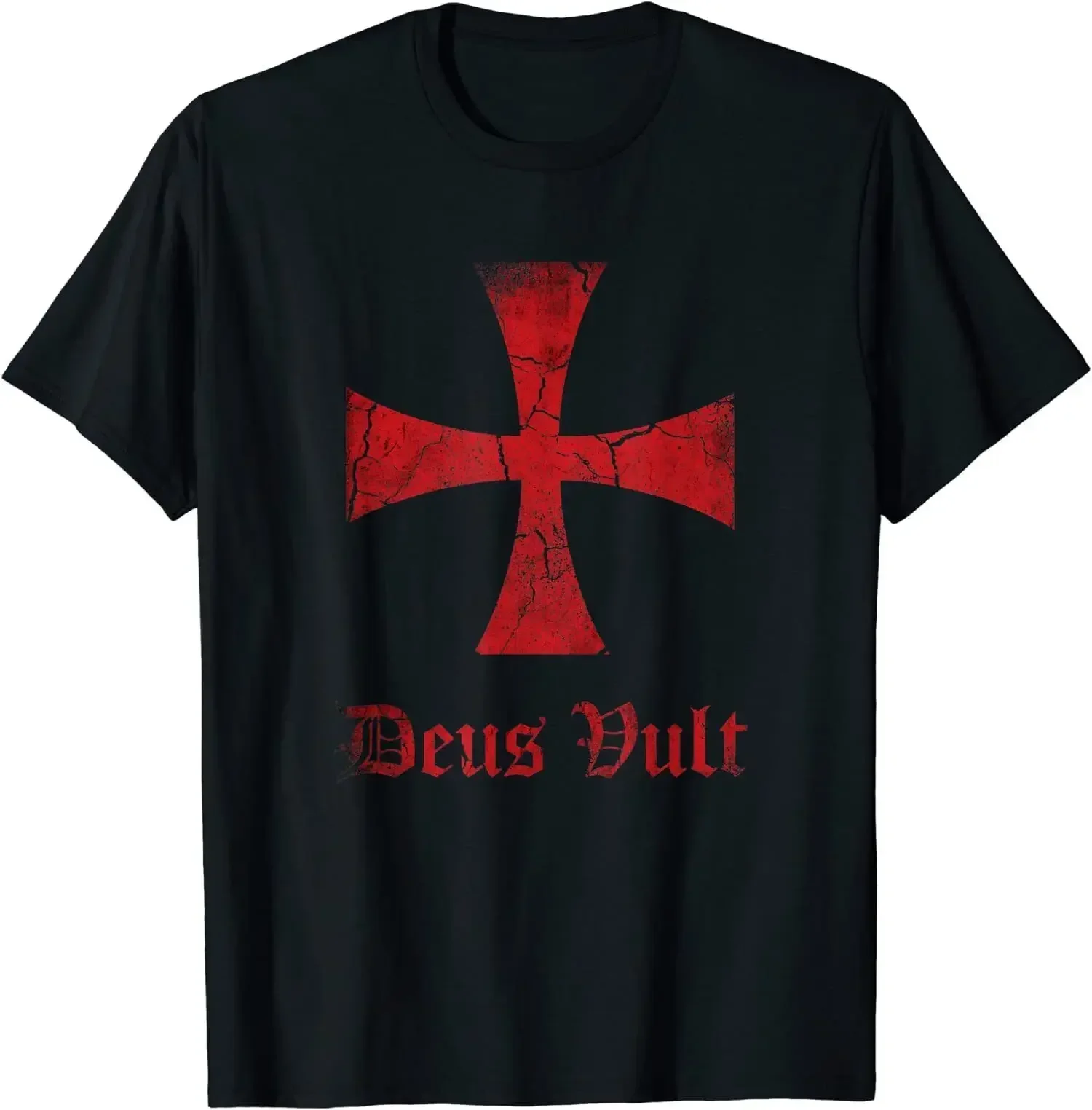 Mens Distressed Deus Vult Knights Templar O-Neck Cotton T Shirt Men Casual Short Sleeve Tees Tops Harajuku Streetwear