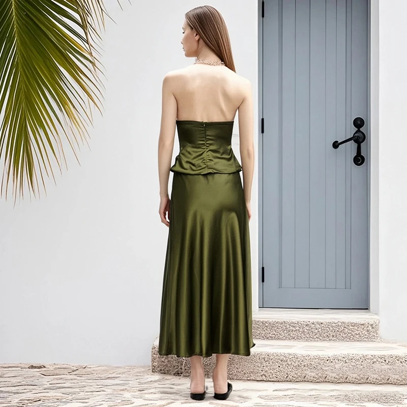 

Summer Women's Strapless Set Solid Color Elegant Satin Sexy Strapless Top And Skirt 2-piece Set Vacation Beach Sets,520091WBG