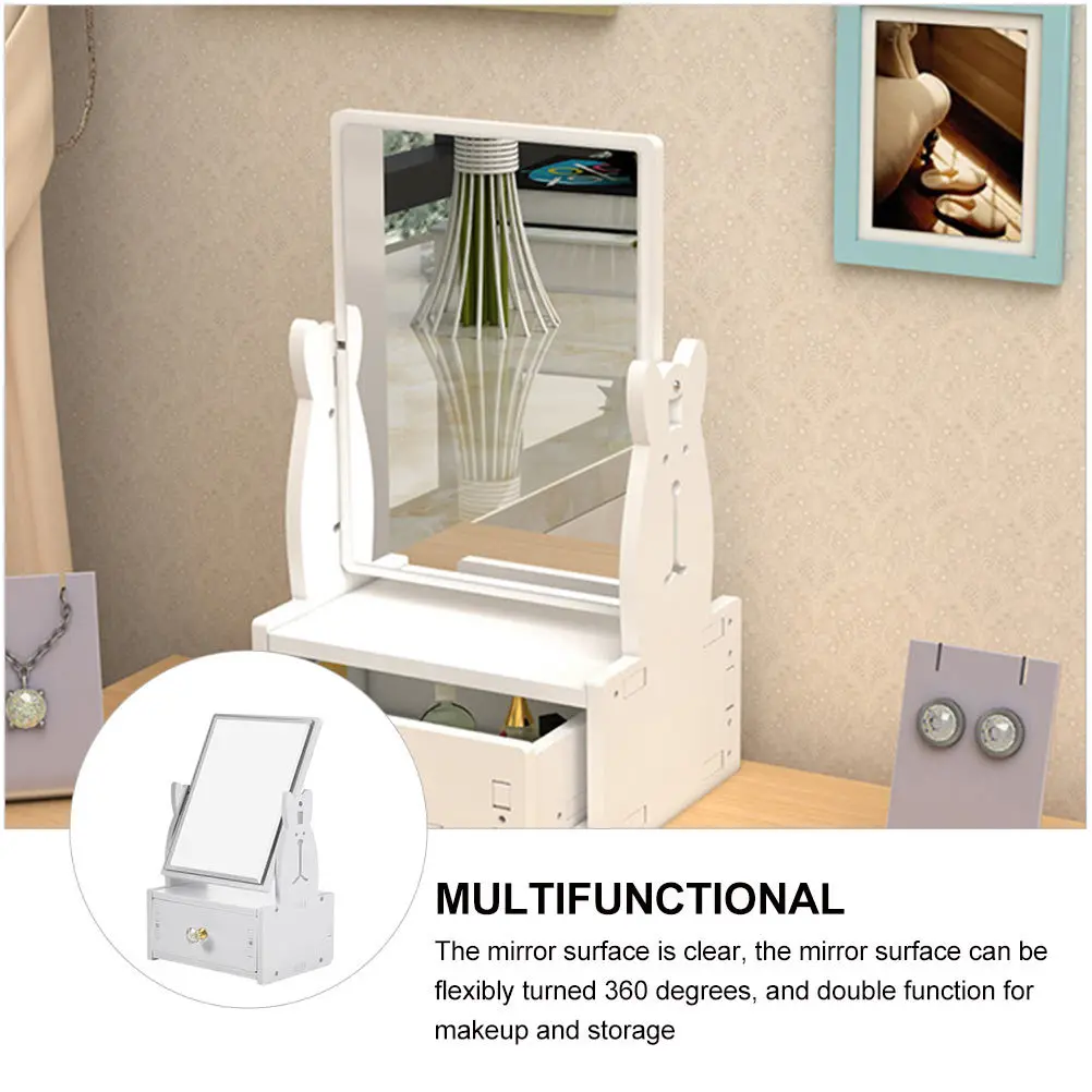 

1Pcs Desktop Turnable Makeup Mirror Vanity Mirror with Drawer Cartoon Pattern Jewelry Hair Accessories Storage for Women