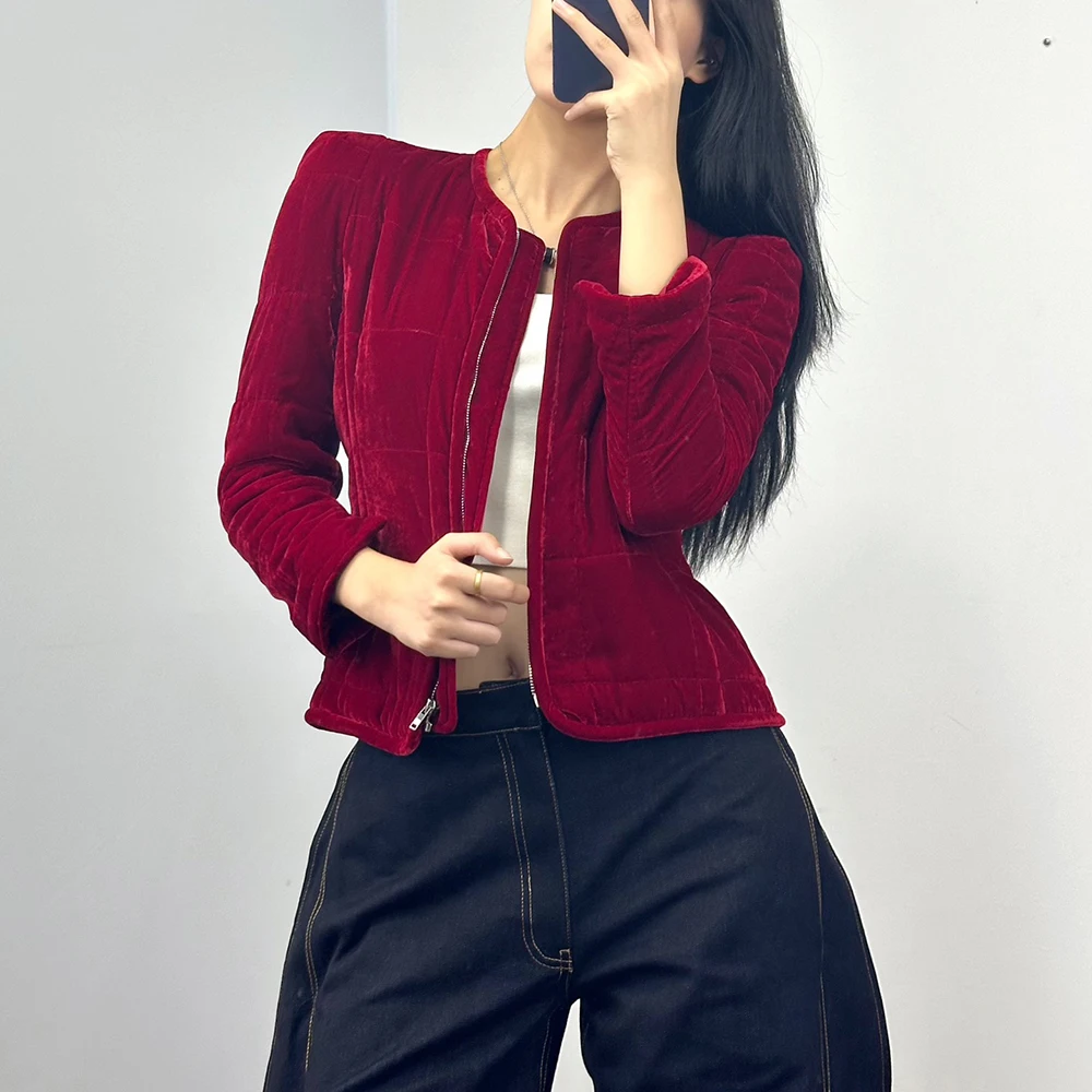 Square Check Velvet Jacket for Women,Simple Fashion,Thickened Warm,Round Neck,Long Sleeve,Cotton Jacket,New,Winter,Y2k,2024