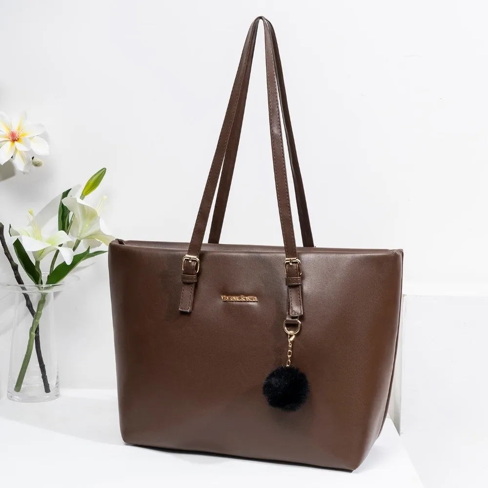 PU Leather Women's Tote Bag Pom Pom Charm Smooth Finish Ladies Shoulder Bag Large Capacity Handbag