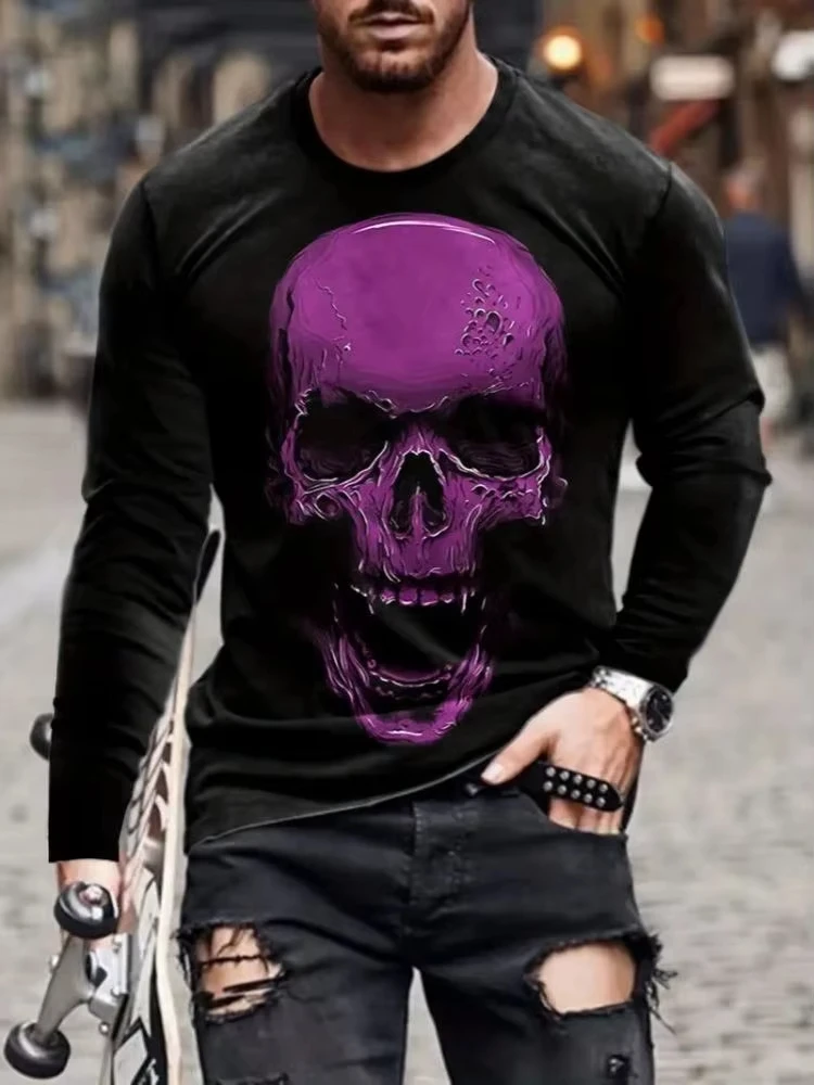 

New Autumn Men's Long-Sleeved T-shirt Top 3D Horror Skull Pattern Printed Pullover Outdoor Street Fashion Large Size Men Clothes